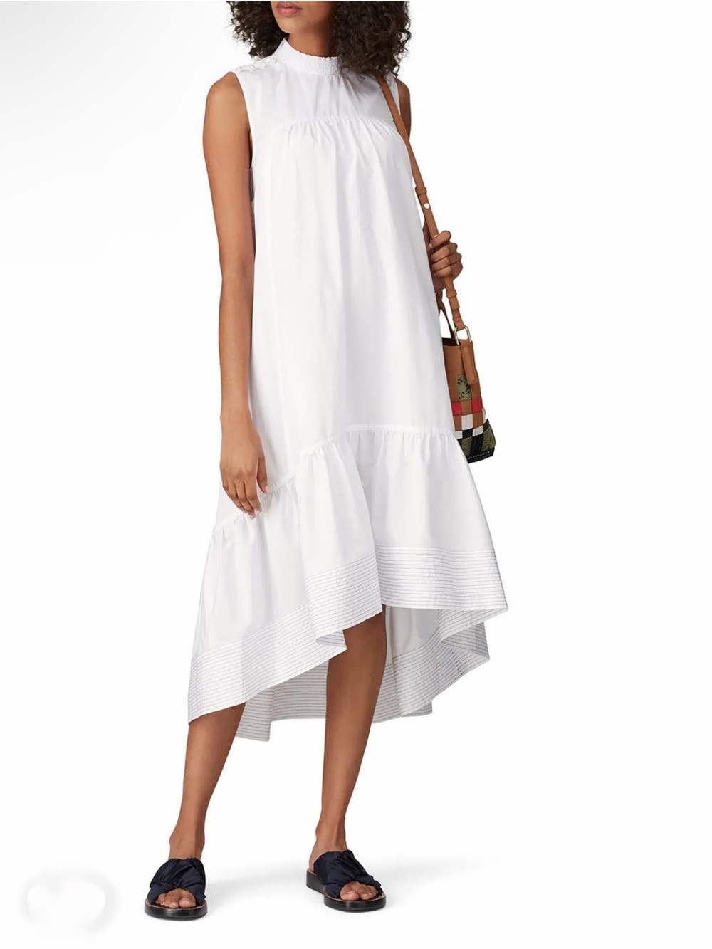 3.1 Phillip Lim White Cotton Mock Neck High Low Ruffle Maxi Dress - Size 6
